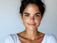 Young mixed race woman with natural makeup and white top smiling warmly at camera against light background. Genuine expression shows confidence and joy.