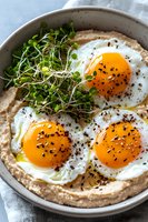 Sunny side up eggs on creamy hummus topped with fresh microgreens and black pepper in ceramic bowl. Mediterranean breakfast with bright yolks and garnish.