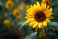 Vibrant yellow sunflower in bloom with dark center against blurred green background, showcasing natural summer garden beauty.