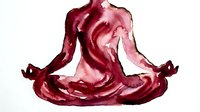 Silhouette of person in lotus meditation pose with flowing fabric effect in deep burgundy and pink tones, isolated on white background for wellness and yoga design projects.