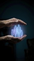 Protective hands surrounding glowing family silhouettes representing life insurance, healthcare coverage, and financial security for loved ones.