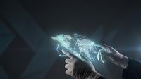 Businessman hand holding glowing holographic digital device with futuristic technology interface for corporate innovation, digital transformation, and business solutions.