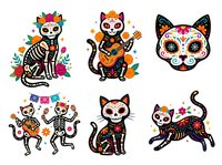 Day of the Dead cat skeleton illustrations with colorful floral decorations, isolated on white background, ready for t-shirt designs, clipart, and merchandise applications.