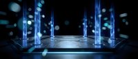 Futuristic holographic display platform with glowing blue light columns and floating particles on dark background for technology presentations.