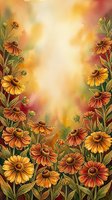 Watercolor autumn flowers border with orange and yellow blooms, warm red background, copy space for text, greeting card or poster design.