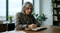 Mature woman with shoulder-length blonde hair, Caucasian ethnicity, wearing professional brown blazer, writing in notebook at wooden desk in modern office with plants and windows.