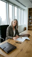 Confident mature businesswoman with gray hair working at wooden desk in modern office with city view, reviewing documents and taking notes.