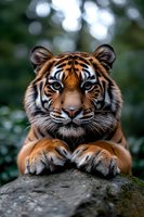 Majestic Bengal tiger resting head on paws, close-up portrait showing intense blue eyes, detailed facial features and striped fur pattern against blurred natural background.