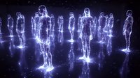 Glowing holographic figures standing in dark space, illuminated with bright blue light creating ethereal silhouettes. Digital visualization of virtual crowd concept.
