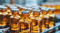 Rows of amber glass medical vials in pharmaceutical manufacturing facility, selective focus on front bottle with blurred background showing quality control process.