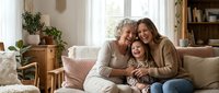 Three generations of women embracing on cozy living room sofa, grandmother mother and daughter sharing loving family moment in bright modern home interior.