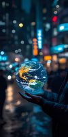 Glowing planet Earth floating above hands against urban night cityscape with bokeh lights, representing global connectivity and environmental awareness.