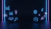 Business technology neon icons floating in futuristic digital space with glowing blue light effects and dark background for corporate presentations.
