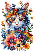 Vibrant artistic portrait of a cat surrounded by colorful wildflowers and foliage, featuring expressive brush strokes in blues, oranges, and reds perfect for wall art, prints, or creative projects.