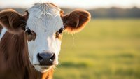 Young brown and white dairy cow calf with curious expression standing in green pasture field during golden hour sunset light for agriculture and farming concepts.