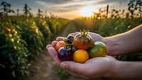 Hands holding colorful heirloom tomatoes in organic garden at golden hour sunset. Fresh harvest from sustainable farming showcasing variety of ripe vegetables.