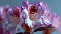 Purple rhododendron flowers with delicate petals and prominent stamens blooming on branch against soft blurred background for spring garden decor.