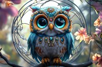 Magical blue owl with ornate steampunk-inspired details perched on branch with floral background and circular frame, featuring large expressive eyes and decorative patterns.