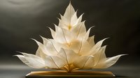 Artistic arrangement of illuminated skeleton leaves forming lotus flower shape on open book pages against dark background, creating magical glowing effect.