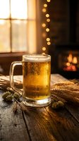 Golden beer mug with foam on rustic wooden table near fireplace with warm bokeh lights and wheat stalks creating cozy pub atmosphere for relaxation.