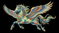 Ornate mythical winged horse with intricate gold, blue, and green decorative patterns, isolated on transparent background. Ready for t-shirt design, clipart, stickers, sublimation, and print-on-demand projects.