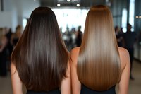 Two women showing long straight hair from behind, brunette and blonde, demonstrating hair care results in salon setting with soft bokeh background.