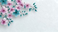 Delicate pink cherry blossom flowers with teal leaves on white textured background for spring designs, wedding invitations and feminine projects.