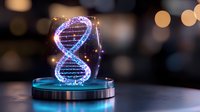 Glowing DNA helix structure with sparkles on illuminated platform against dark background with bokeh lights, representing genetic research and biotechnology.