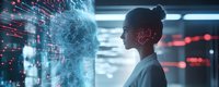 Young Asian woman in white coat facing digital brain hologram in futuristic laboratory setting with glowing red lights and neural network visualization.
