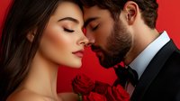 Romantic couple in elegant evening wear sharing intimate moment against vibrant red background with red roses, expressing passion and tenderness in studio setting.