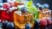 Gourmet fruit jelly cubes with fresh berries and mint leaves on dark surface. Colorful dessert presentation for culinary photography and food styling.