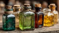 Vintage glass bottles with cork stoppers containing colorful liquids and herbs arranged on rustic wooden surface for apothecary and natural medicine concepts.