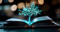Digital tree with glowing cyan lights emerging from open book pages against bokeh background symbolizing knowledge growth and learning concepts.