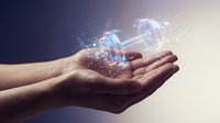Caucasian hand holding glowing digital dumbbell with particle effects, representing fitness technology, workout innovation, and strength training apps for health and wellness concepts.