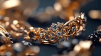 Elegant golden tiara with delicate filigree pattern and sparkling diamonds on dark background, showcasing intricate royal jewelry craftsmanship and luxury design details.