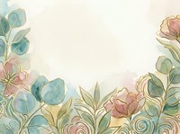 Soft watercolor floral border with pink roses and teal leaves, golden line art accents on cream background, elegant botanical frame for cards and invitations.
