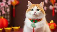 Orange and white fluffy cat wearing festive collar with bell against blurred Chinese New Year decorations background for holiday greeting cards.