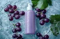 Purple cosmetic bottle with fresh grape bunches and green leaves floating in sparkling water, creating luxurious spa atmosphere for beauty product promotion.