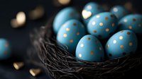 Blue polka dot Easter eggs in dark nest with golden dots on black background, moody festive spring holiday composition with selective focus.