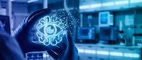Hand holding glowing neon eye symbol with digital particles in modern tech office environment, representing vision, surveillance, and artificial intelligence technology.