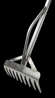 Metal garden rake with long handle isolated on transparent background, ready for clipart, t-shirt design, print-on-demand products, stickers, and sublimation projects.