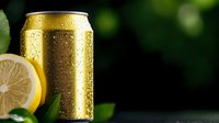 Cold golden aluminum can with water drops and fresh lemon slice on dark green blurred background. Refreshing summer drink concept for beverage advertising.
