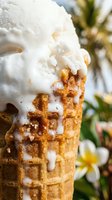 Vanilla ice cream melting on golden waffle cone with tropical flowers blurred in background, summer dessert treat for food and beverage marketing.