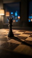 Black chess king piece standing on wooden chessboard with warm lighting and blurred city lights background for strategic business concepts.