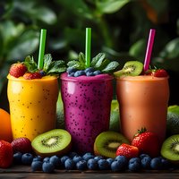 Fresh fruit smoothies in vibrant colors garnished with berries, kiwi and mint leaves on wooden surface. Healthy breakfast drinks with colorful straws and natural ingredients.