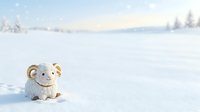 Cute sheep toy sitting in snowy winter landscape with frosted trees and mountains in background, seasonal holiday decoration for festive designs and winter-themed projects.