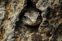 Reptile head peeking from rocky crevice, displaying textured scales and alert expression. Wildlife and nature photography for educational, documentary, and editorial use.