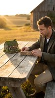 Middle-aged Caucasian male real estate agent or property developer examining miniature house model and arranging year blocks on rustic wooden table in rural farmland setting during golden hour sunset.
