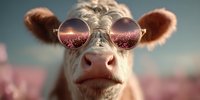 Quirky white cow wearing round sunglasses with pink flower field reflection, creating humorous farm animal portrait for advertising or social media content.