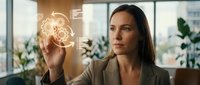 Professional businesswoman interacting with futuristic holographic interface displaying gears and data analytics in modern office environment.